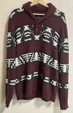 Men's Aztec Tribal Sweater Pullover Size Large Maroon Fisherman Mock Neck AEO